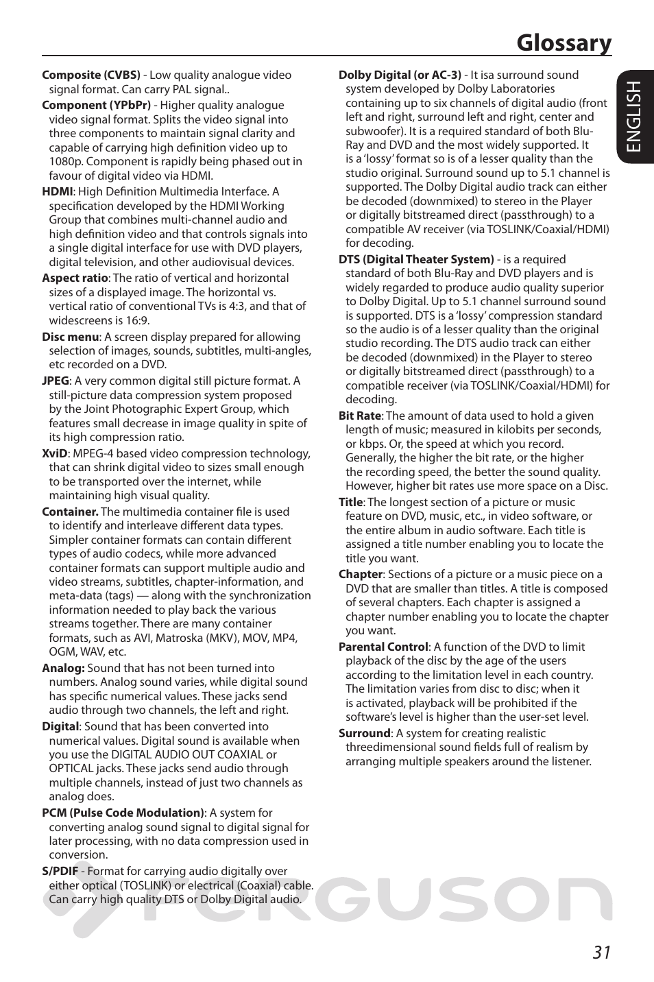 Glossary, 31 english | Ferguson D-580 User Manual | Page 37 / 38