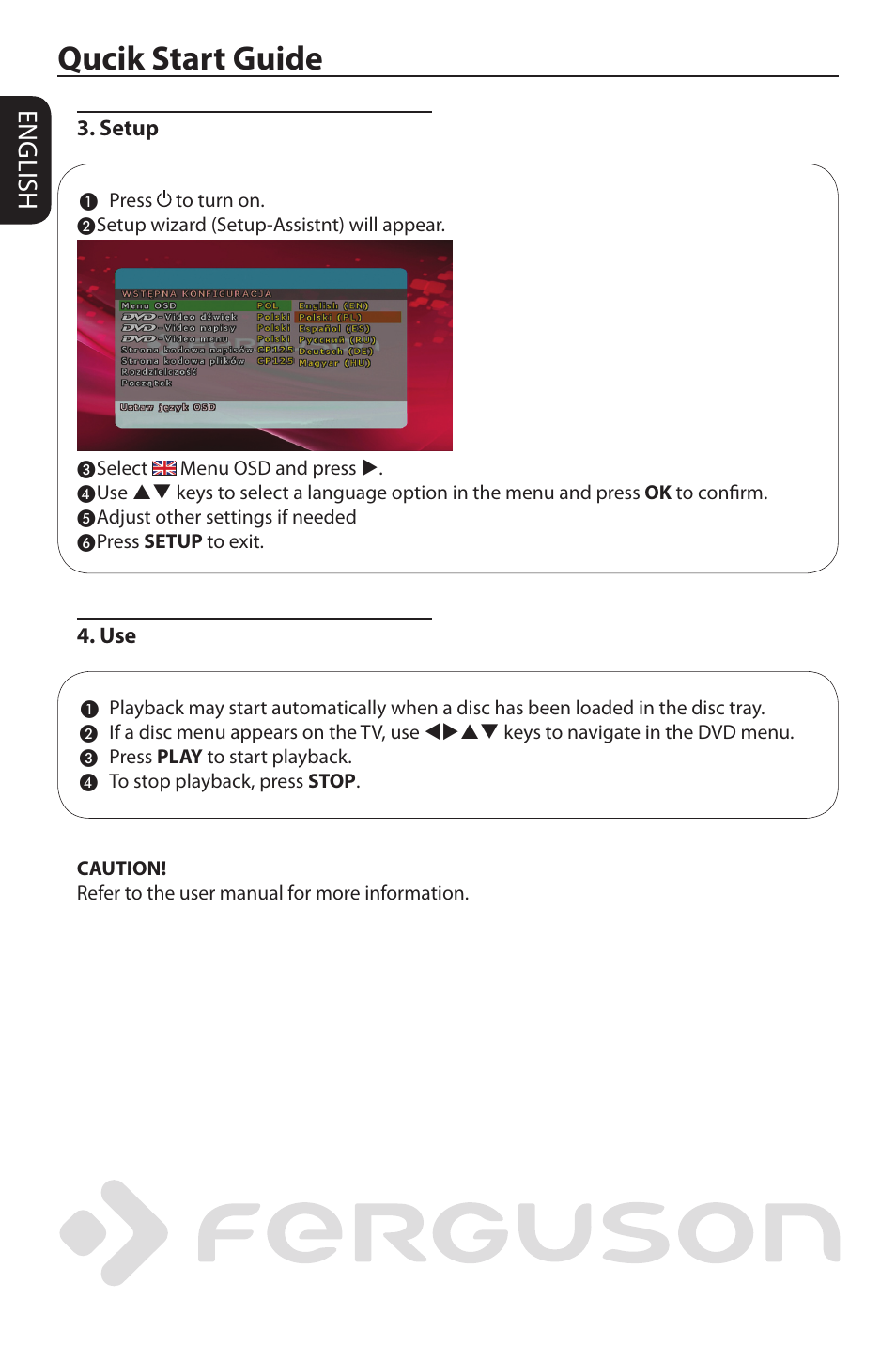 Qucik start guide, English, Setup | Ferguson D-580 User Manual | Page 4 / 38