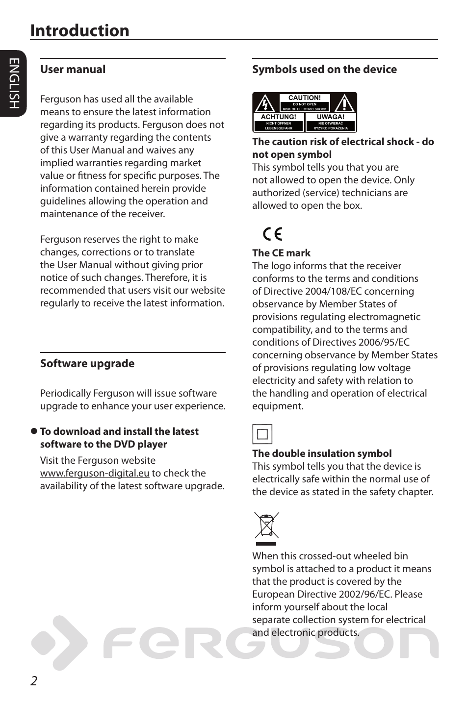 Introduction, 2english, User manual | Software upgrade, Symbols used on the device | Ferguson D-580 User Manual | Page 8 / 38