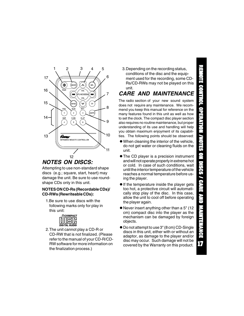 Care and maintenance | Audiovox Rampage ACD88 User Manual | Page 17 / 20