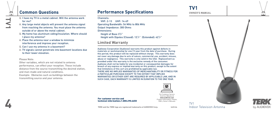 Audiovox TV1 User Manual | 2 pages