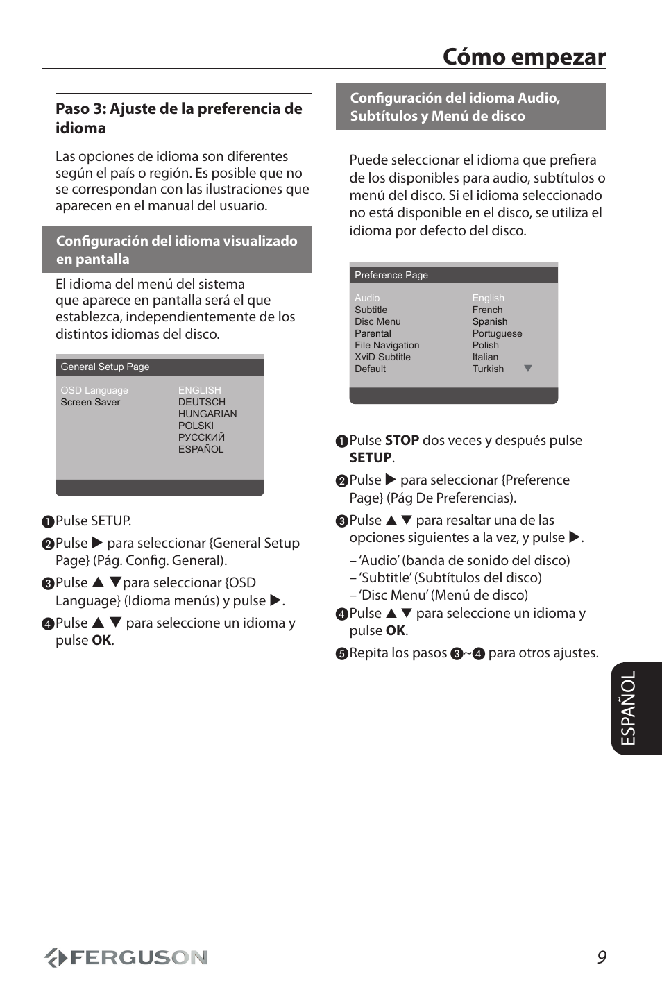 Cómo empezar, 9esp añol, Paso 3: ajuste de la preferencia de idioma | Ferguson D 680 User Manual | Page 13 / 30