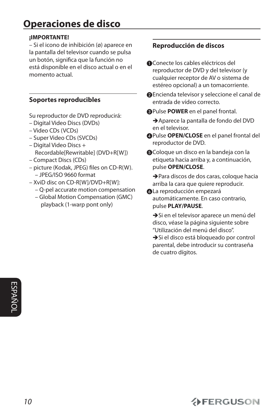 Operaciones de disco, 10 esp añol | Ferguson D 680 User Manual | Page 14 / 30