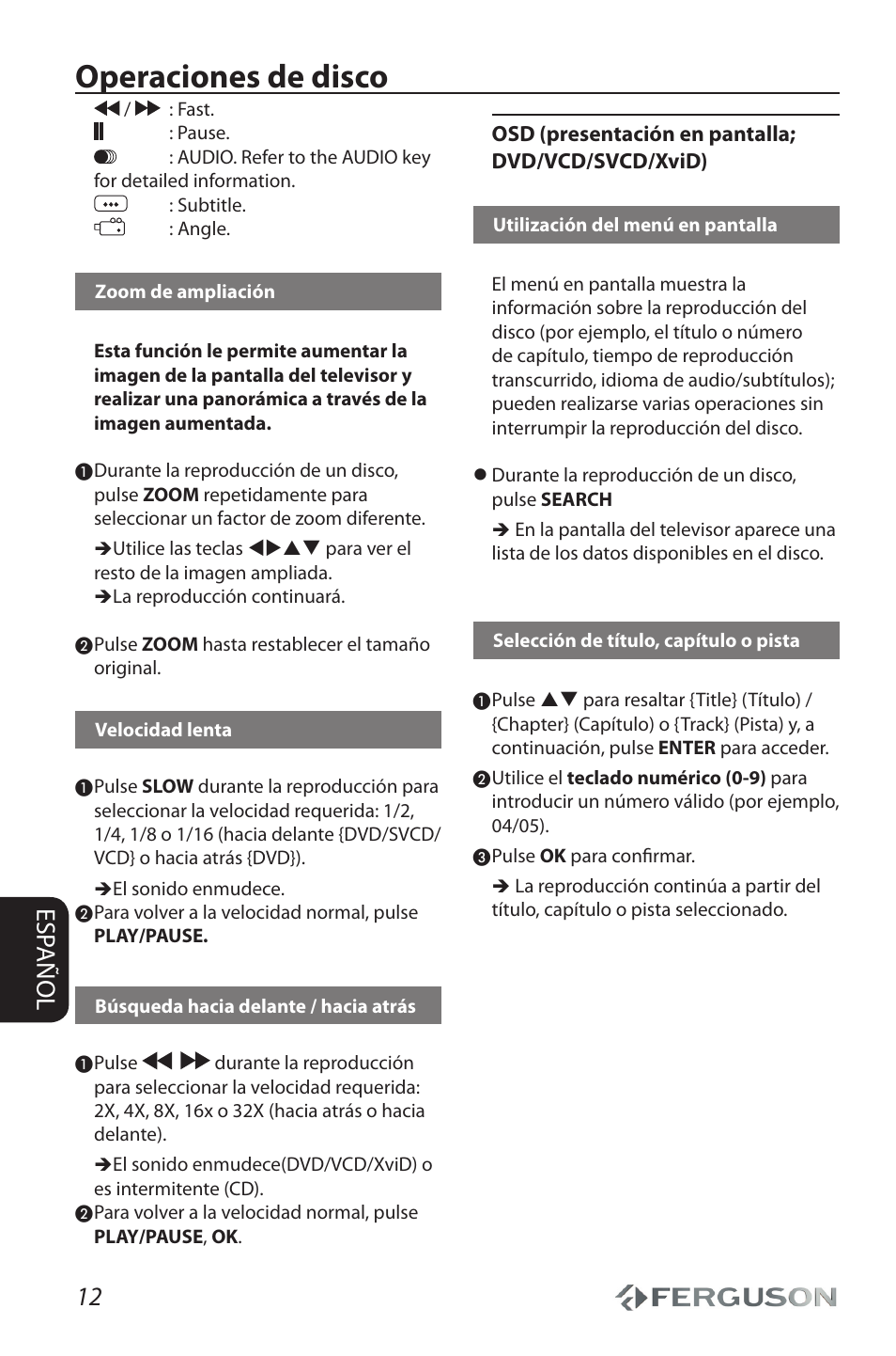 Operaciones de disco, 12 esp añol | Ferguson D 680 User Manual | Page 16 / 30