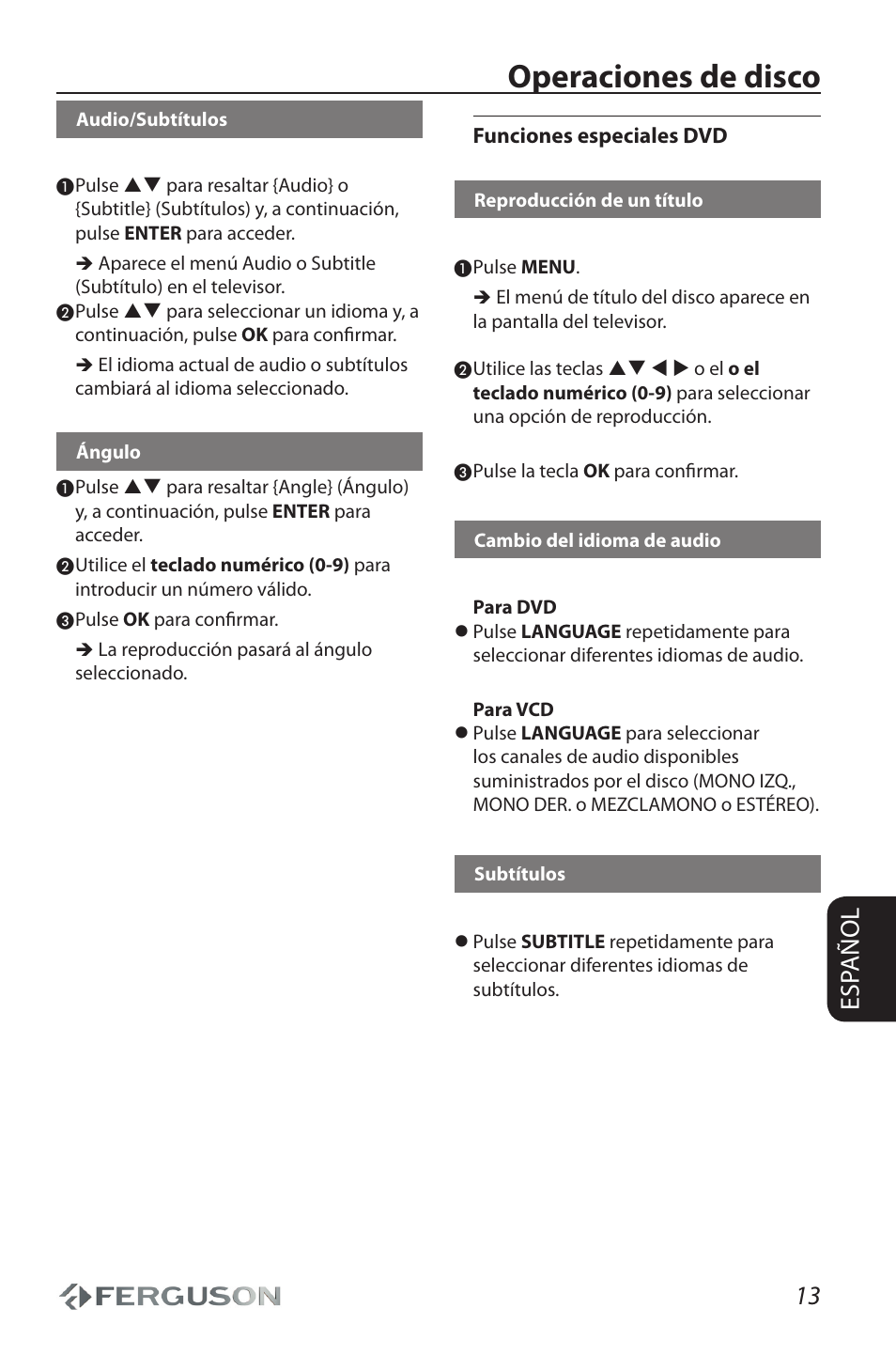 Operaciones de disco, 13 esp añol | Ferguson D 680 User Manual | Page 17 / 30