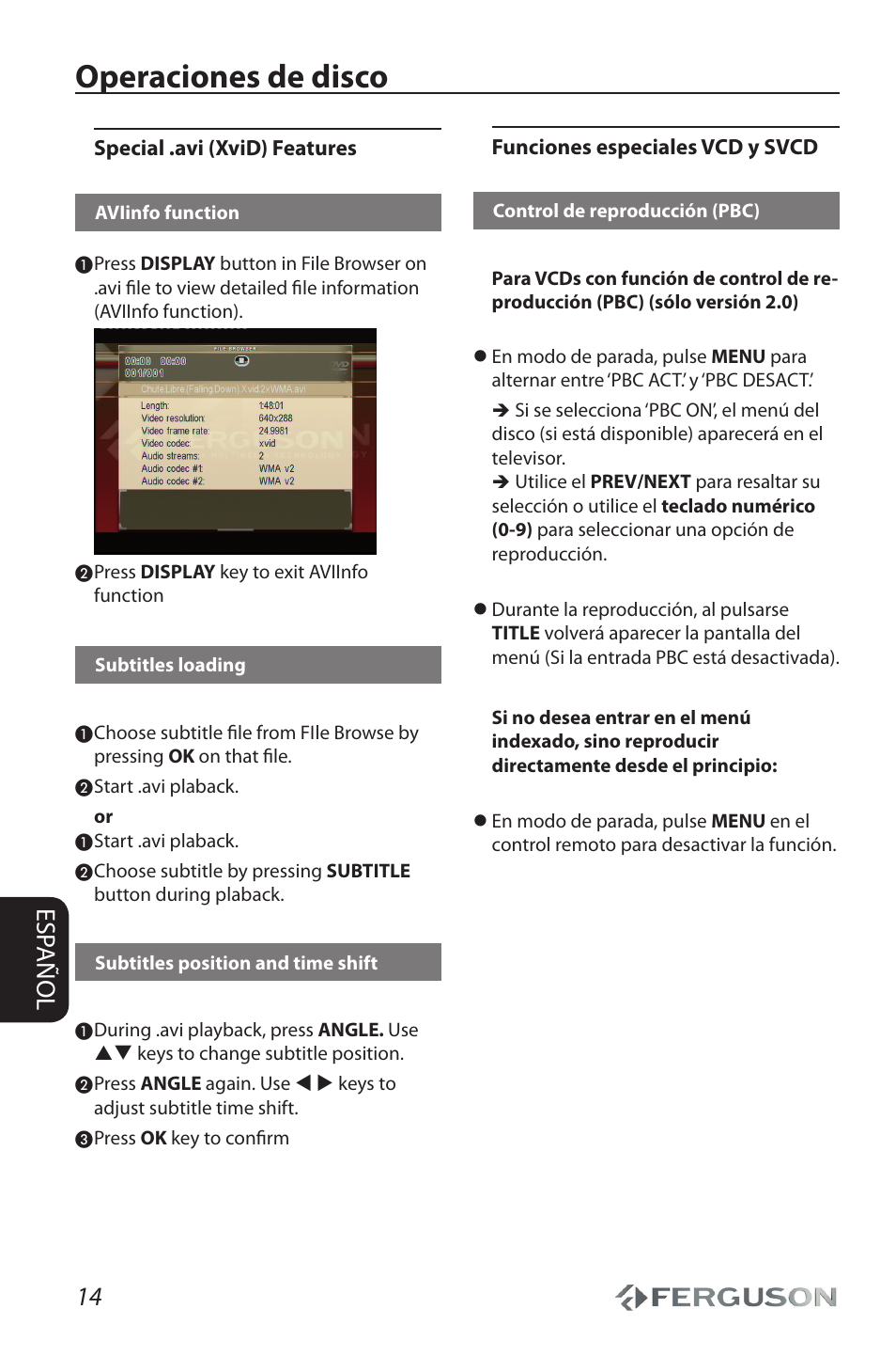 Operaciones de disco, 14 esp añol | Ferguson D 680 User Manual | Page 18 / 30