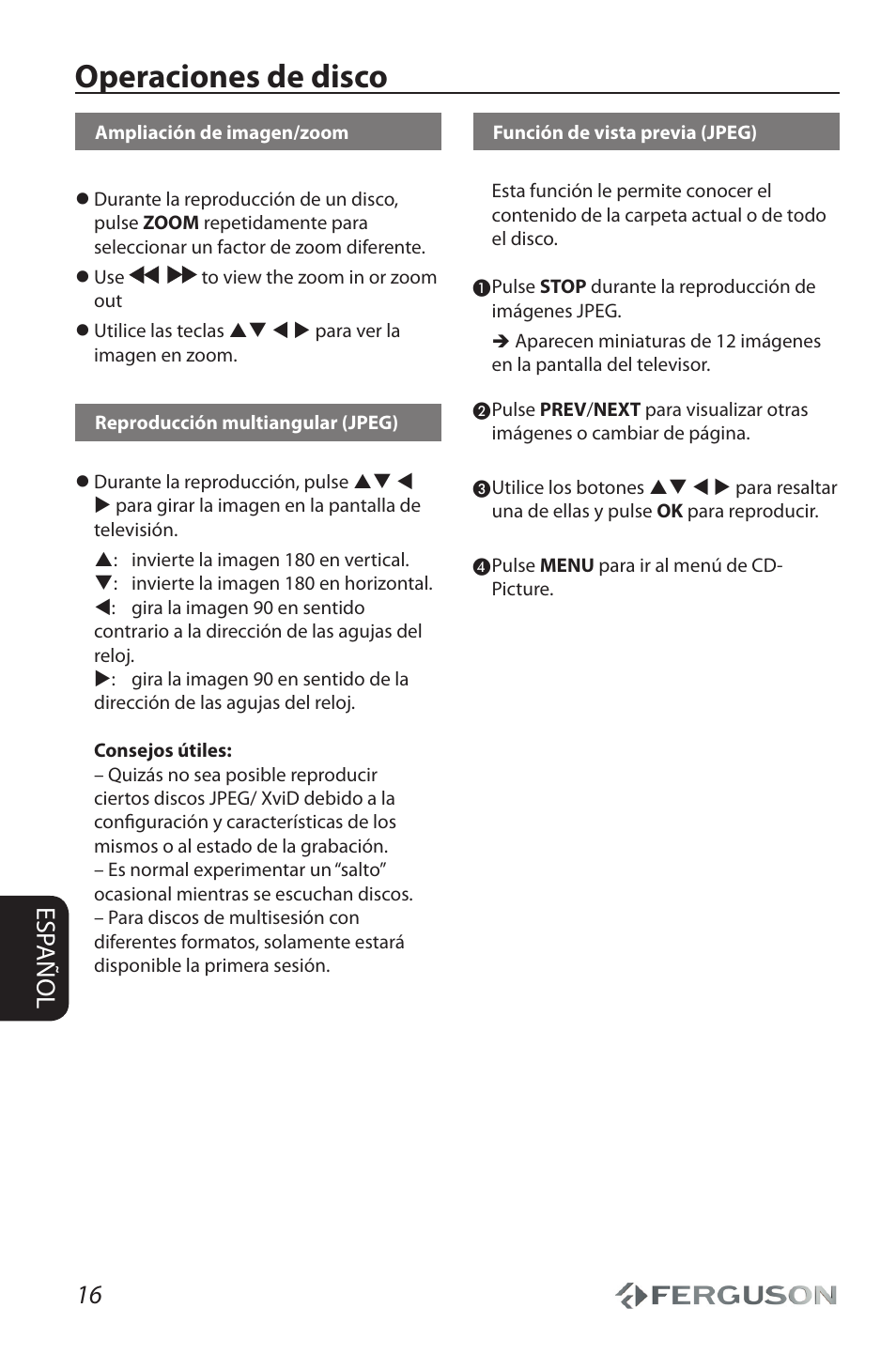 Operaciones de disco, 16 esp añol | Ferguson D 680 User Manual | Page 20 / 30