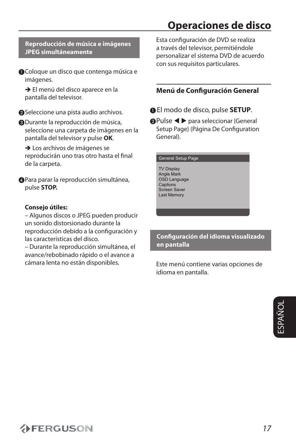 Operaciones de disco, 17 esp añol | Ferguson D 680 User Manual | Page 21 / 30