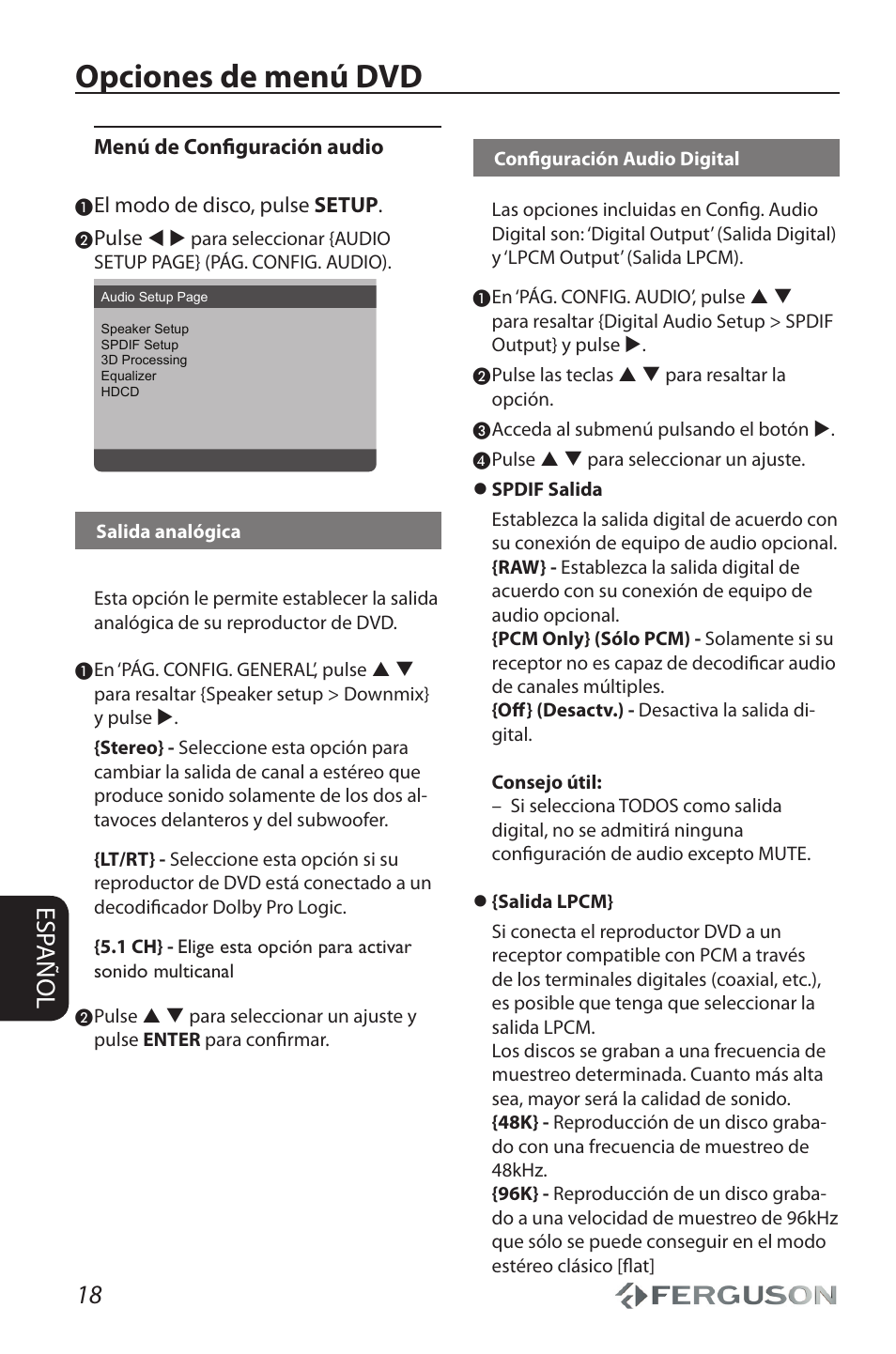 Opciones de menú dvd, 18 esp añol | Ferguson D 680 User Manual | Page 22 / 30