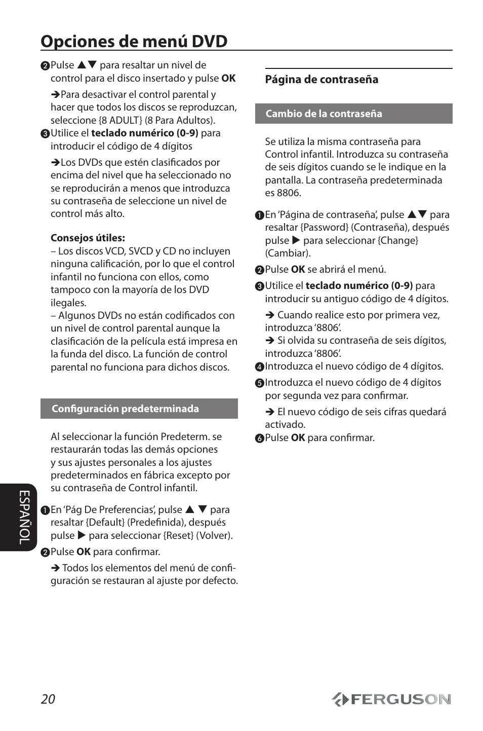 Opciones de menú dvd, 20 esp añol | Ferguson D 680 User Manual | Page 24 / 30
