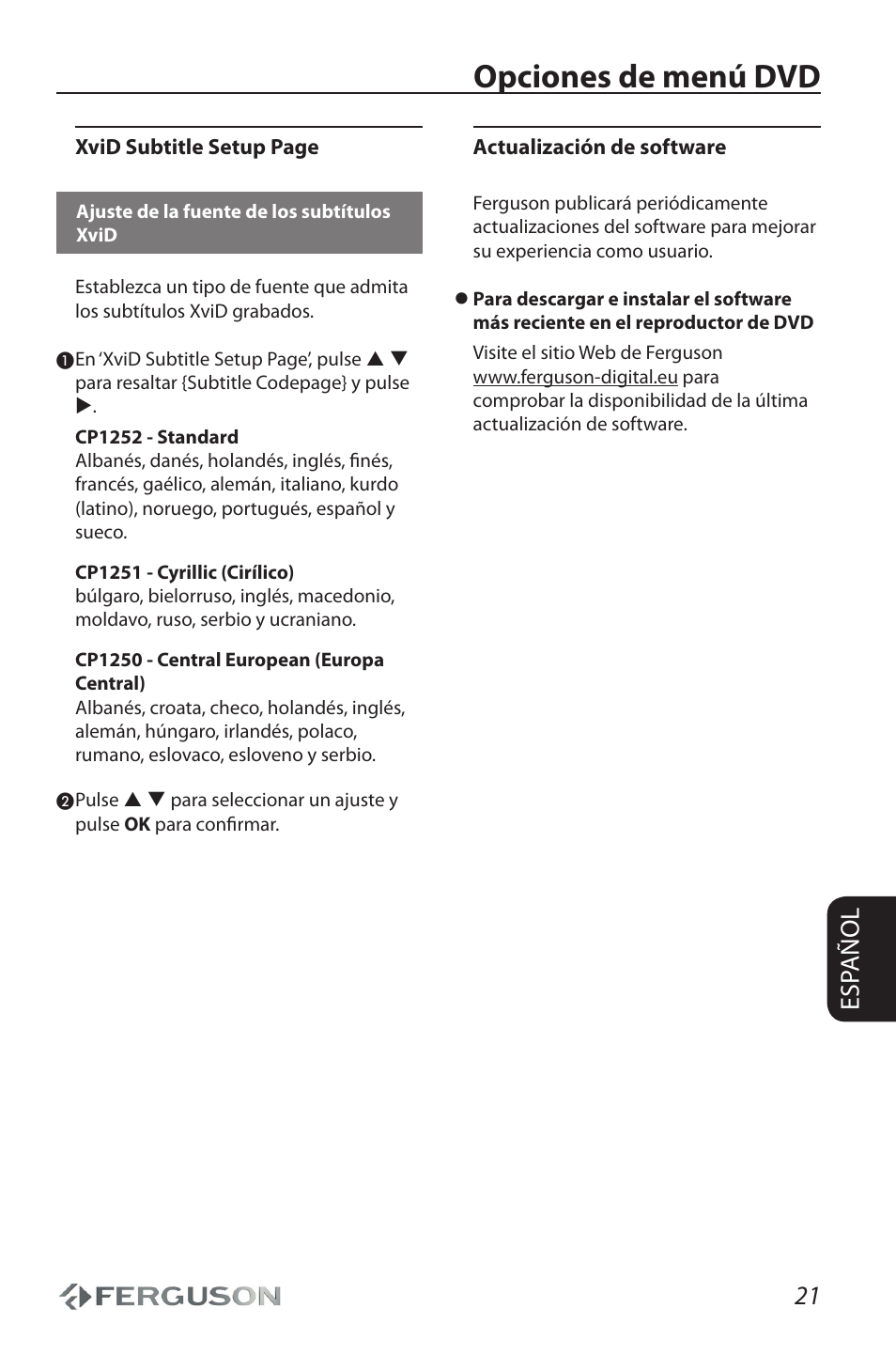 Opciones de menú dvd, 21 esp añol | Ferguson D 680 User Manual | Page 25 / 30