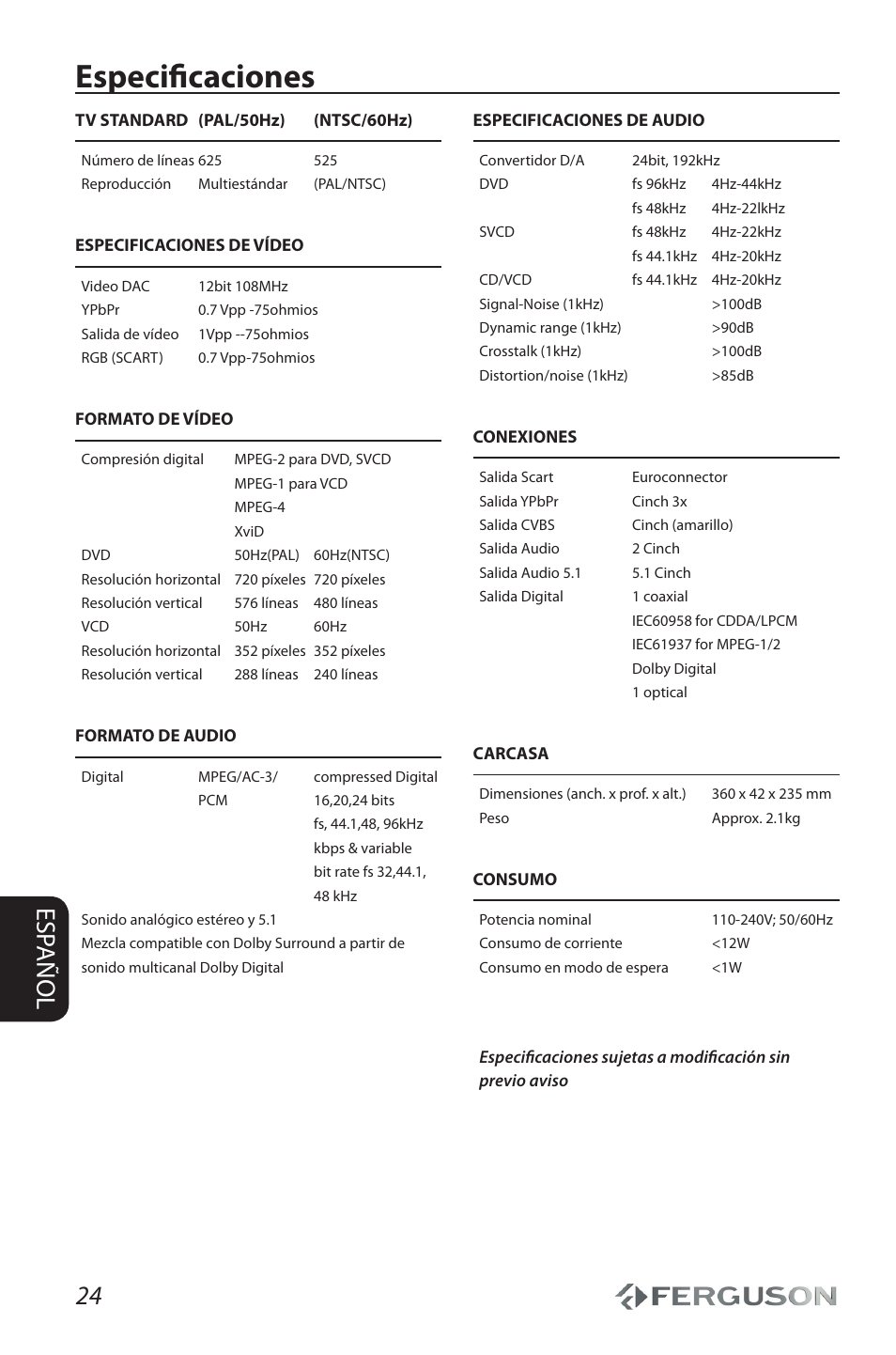 Especificaciones, 24 esp añol | Ferguson D 680 User Manual | Page 28 / 30