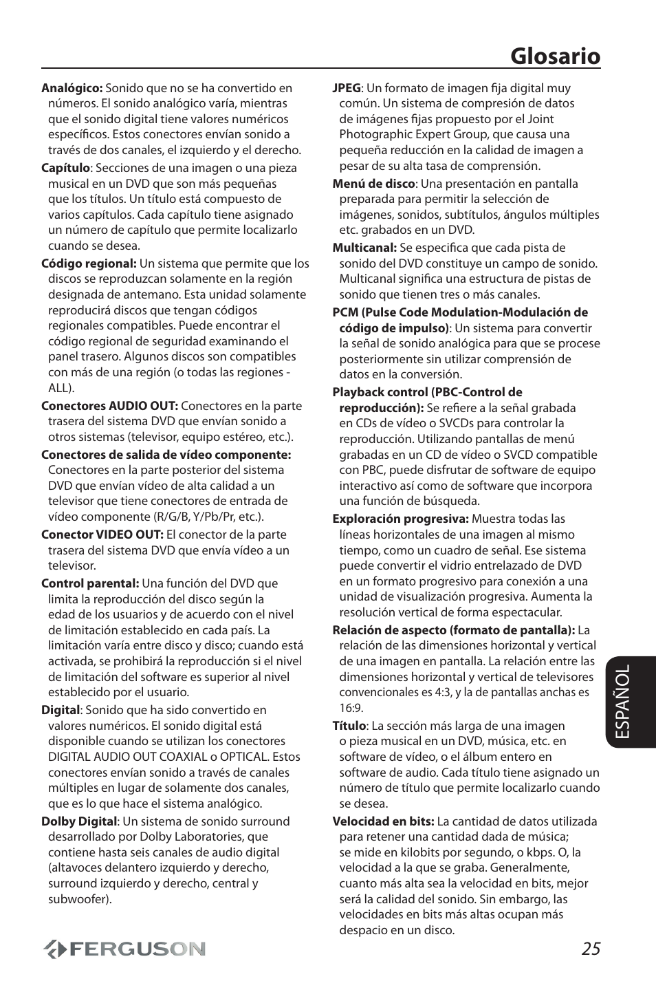 Glosario, 25 esp añol | Ferguson D 680 User Manual | Page 29 / 30