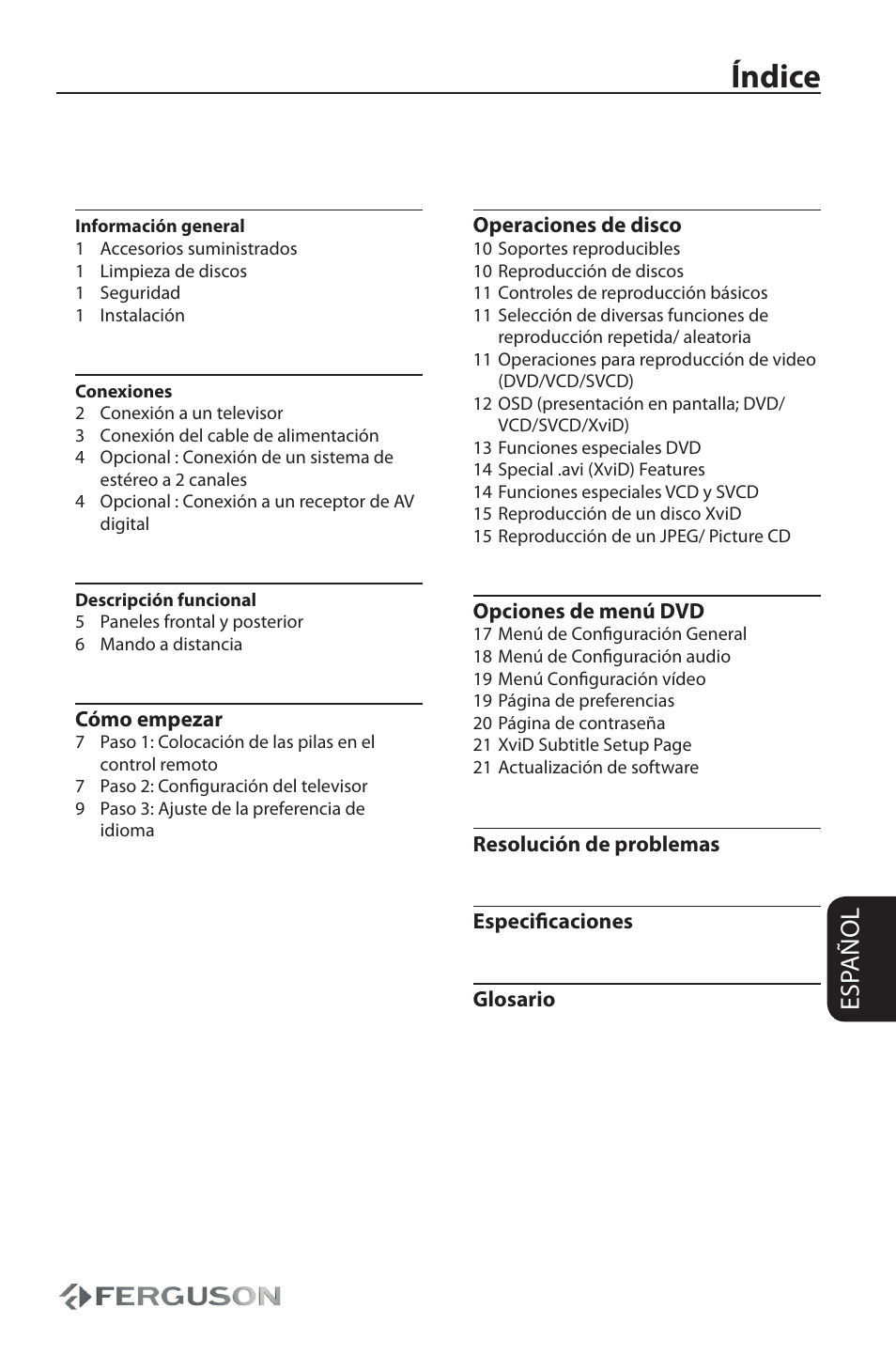 Índice, Esp añol | Ferguson D 680 User Manual | Page 3 / 30