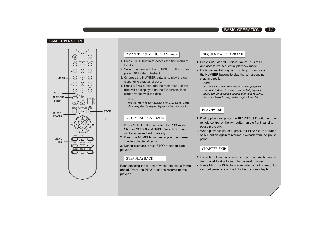 Basic operation, Basic operation dvd title & menu playback, Vcd menu playback | Sequential playback, Play/pause, Chapter skip, Step playback | Ferguson D 660/D 660 K User Manual | Page 13 / 28