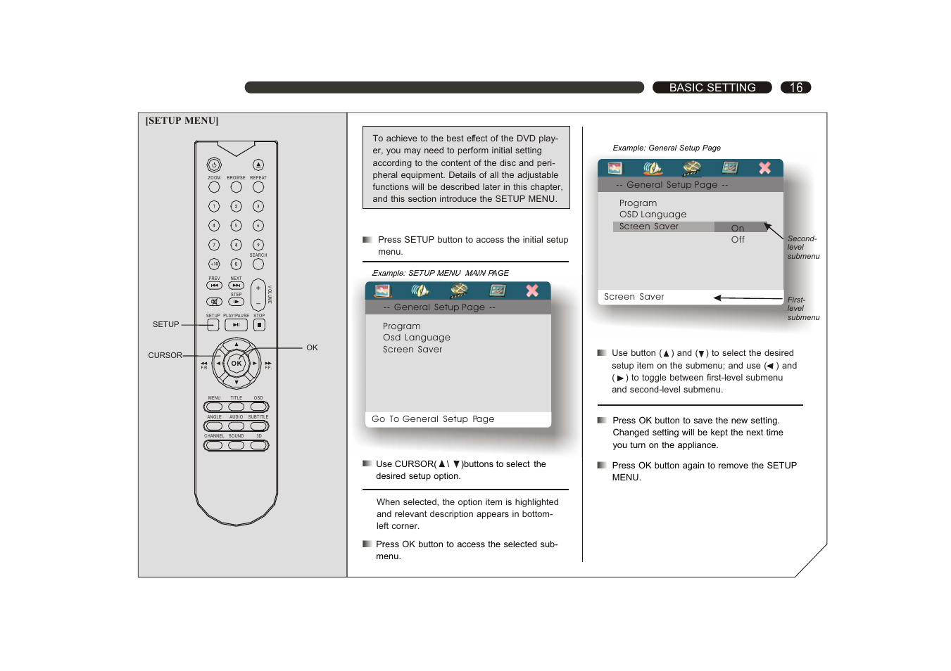 Basic setting, Setup menu | Ferguson D 660/D 660 K User Manual | Page 17 / 28