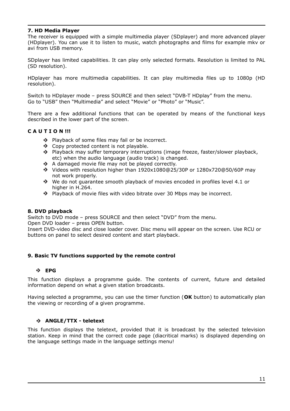 Hd media player, Dvd playback, Basic tv functions supported by the remote control | Ferguson Cute9TV User Manual | Page 11 / 14
