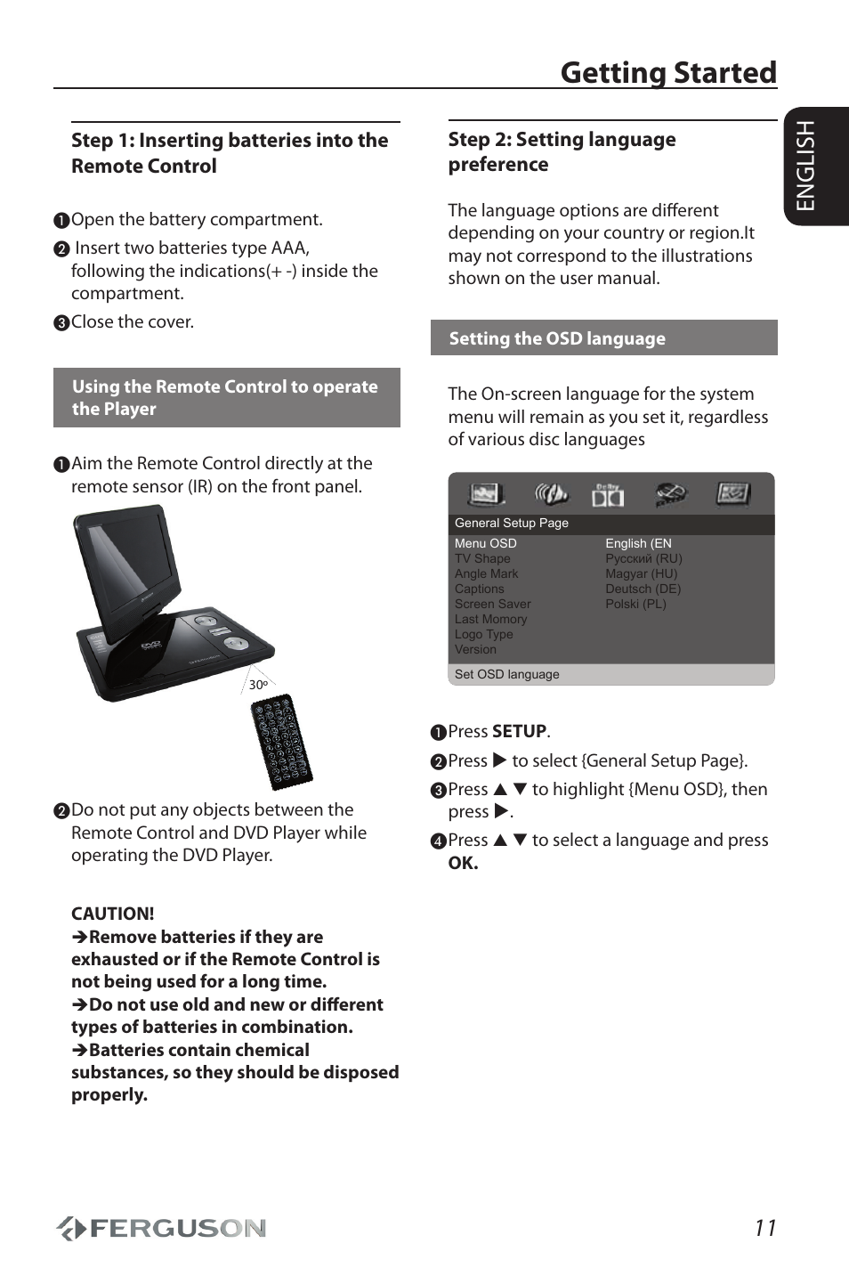 Getting started, 11 english, Step 2: setting language preference | Ferguson Cute9 User Manual | Page 15 / 32