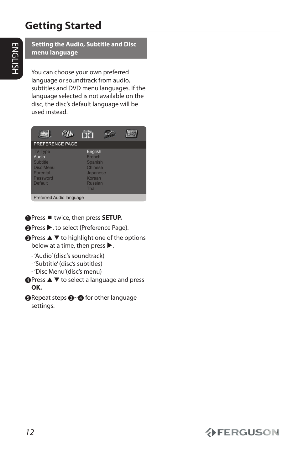 Getting started, 12 english | Ferguson Cute9 User Manual | Page 16 / 32