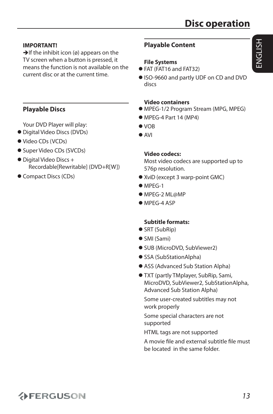 Disc operation, 13 english | Ferguson Cute9 User Manual | Page 17 / 32