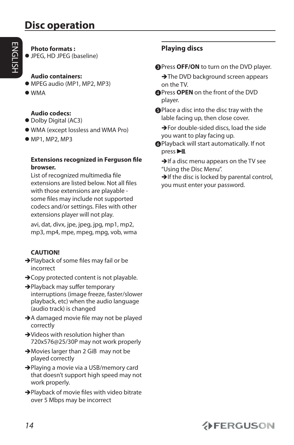 Disc operation, 14 english | Ferguson Cute9 User Manual | Page 18 / 32