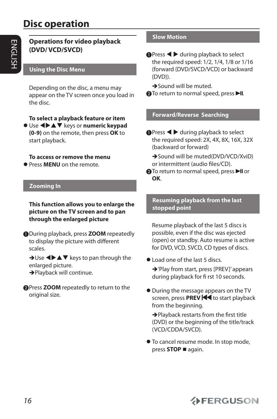 Disc operation, 16 english | Ferguson Cute9 User Manual | Page 20 / 32