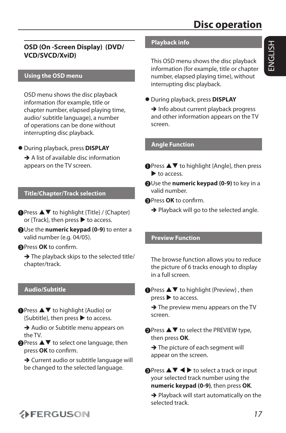 Disc operation, 17 english | Ferguson Cute9 User Manual | Page 21 / 32