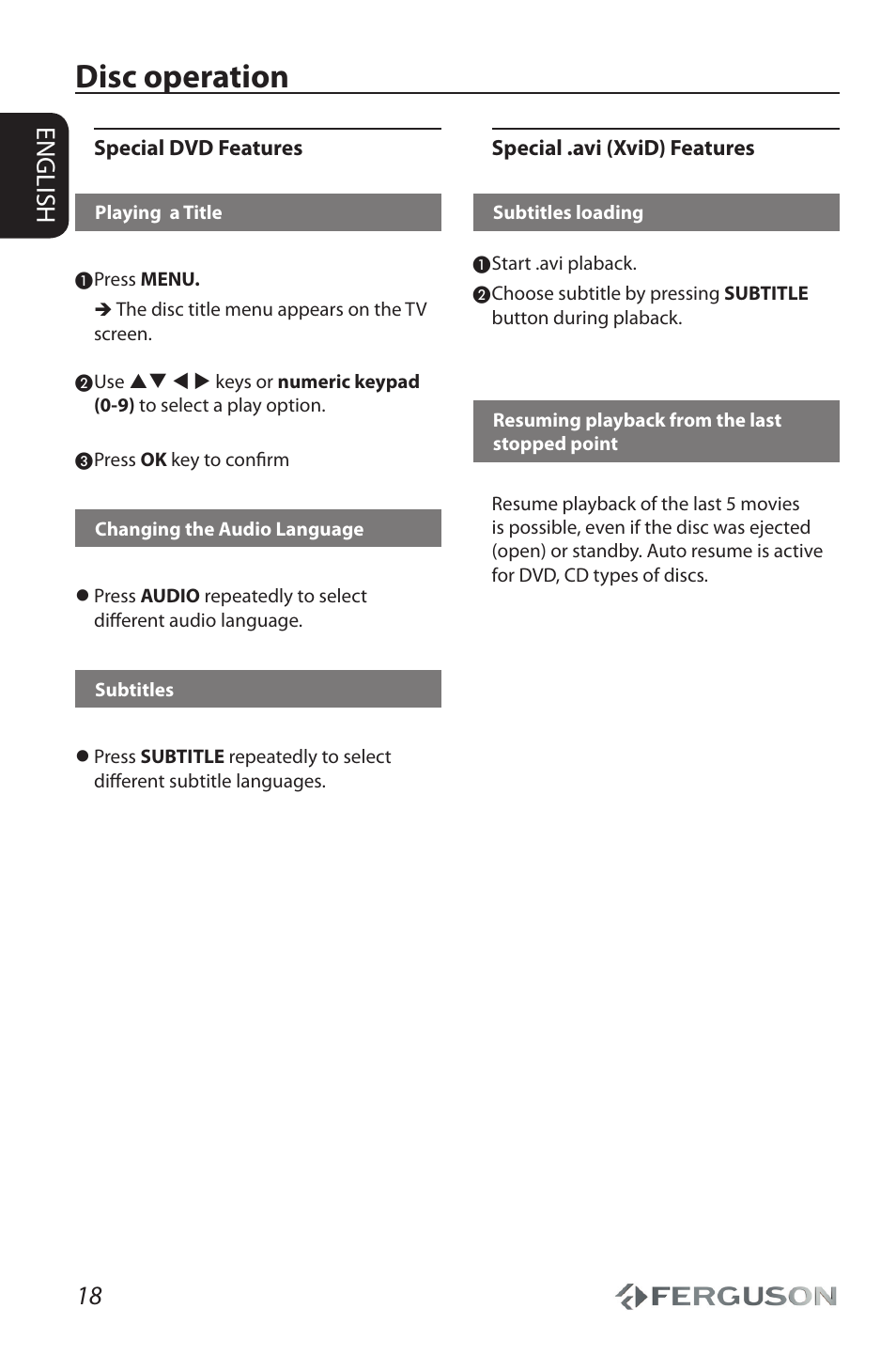 Disc operation, 18 english | Ferguson Cute9 User Manual | Page 22 / 32