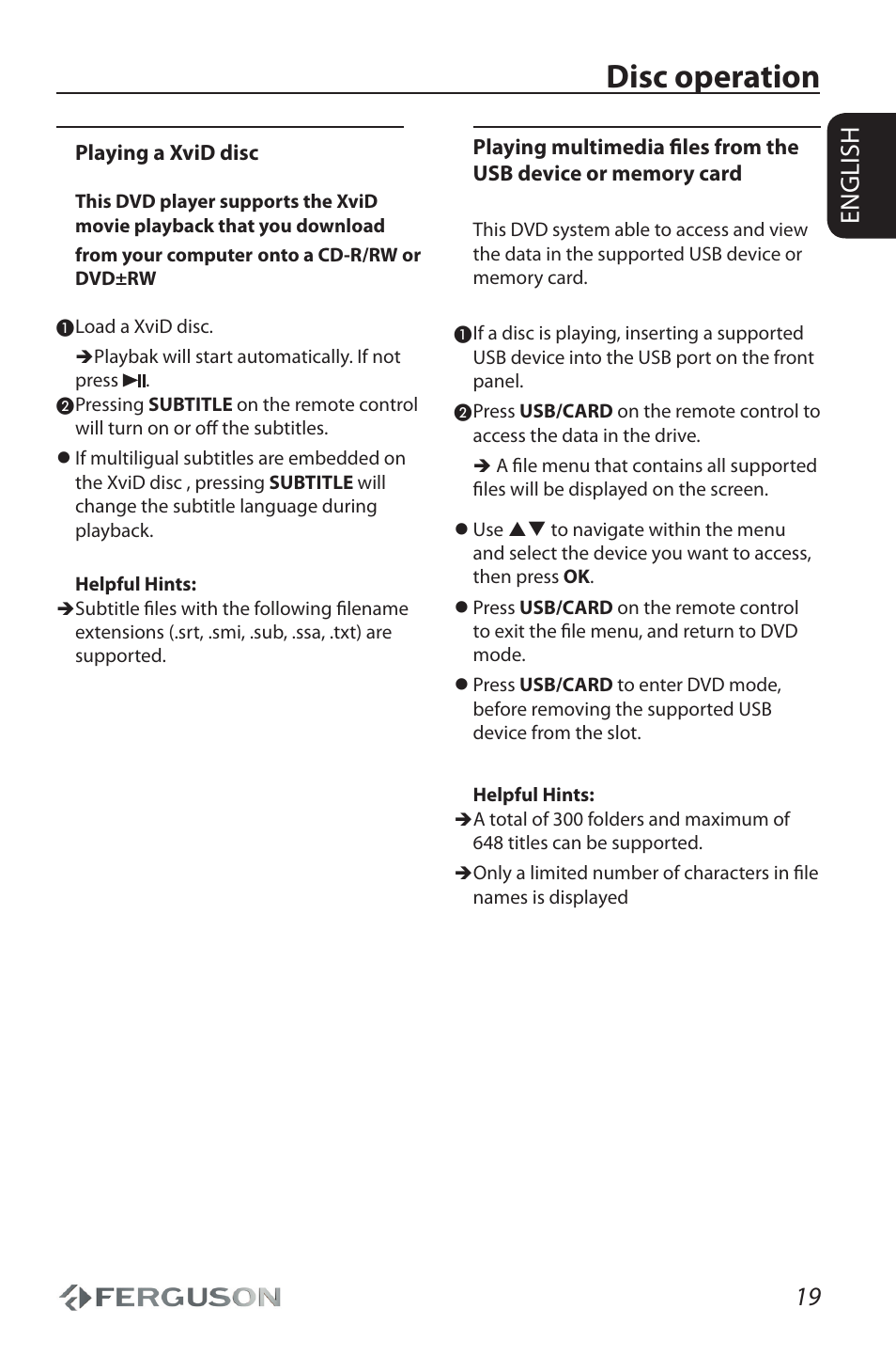 Disc operation, 19 english | Ferguson Cute9 User Manual | Page 23 / 32