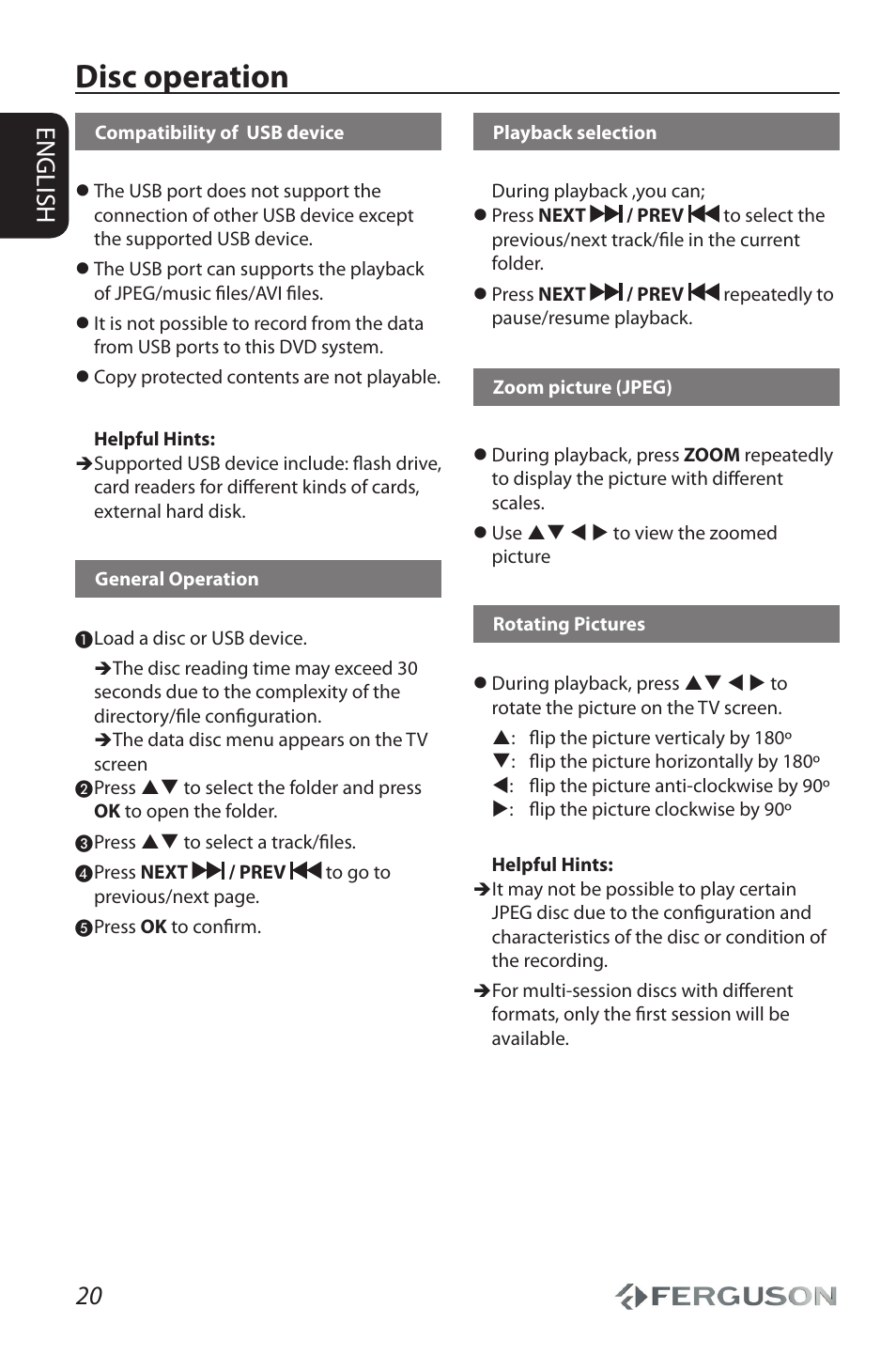 Disc operation, 20 english | Ferguson Cute9 User Manual | Page 24 / 32