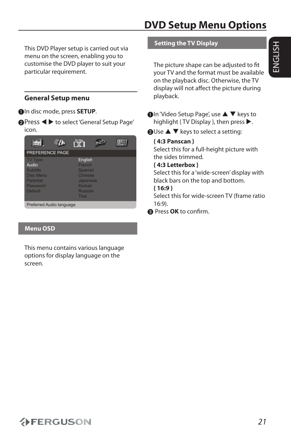 Dvd setup menu options, 21 english, General setup menu | Press | Ferguson Cute9 User Manual | Page 25 / 32