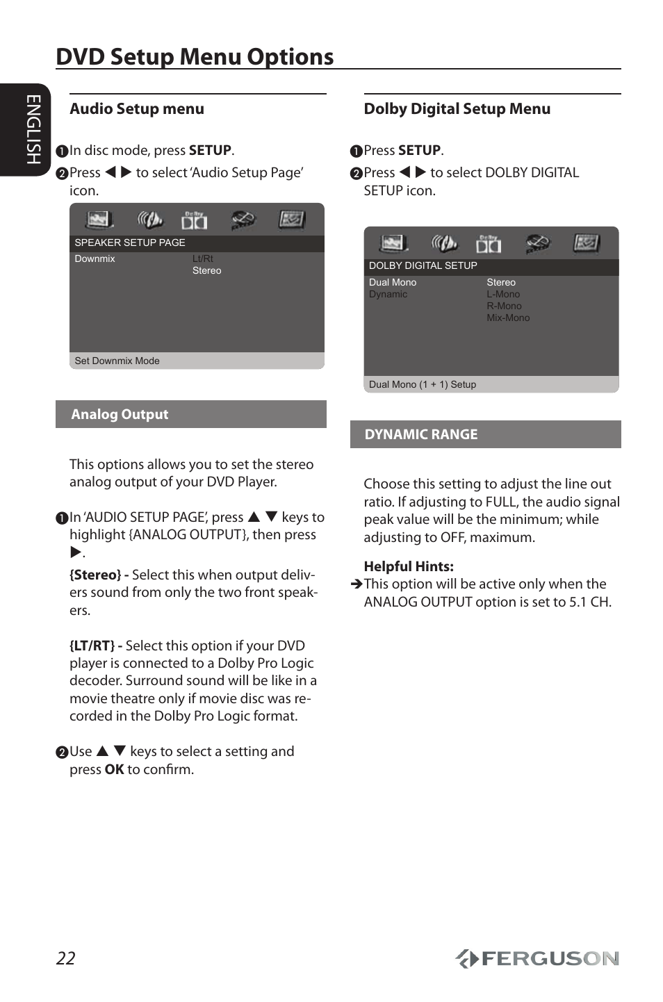 Dvd setup menu options, 22 english, Audio setup menu | Dolby digital setup menu | Ferguson Cute9 User Manual | Page 26 / 32