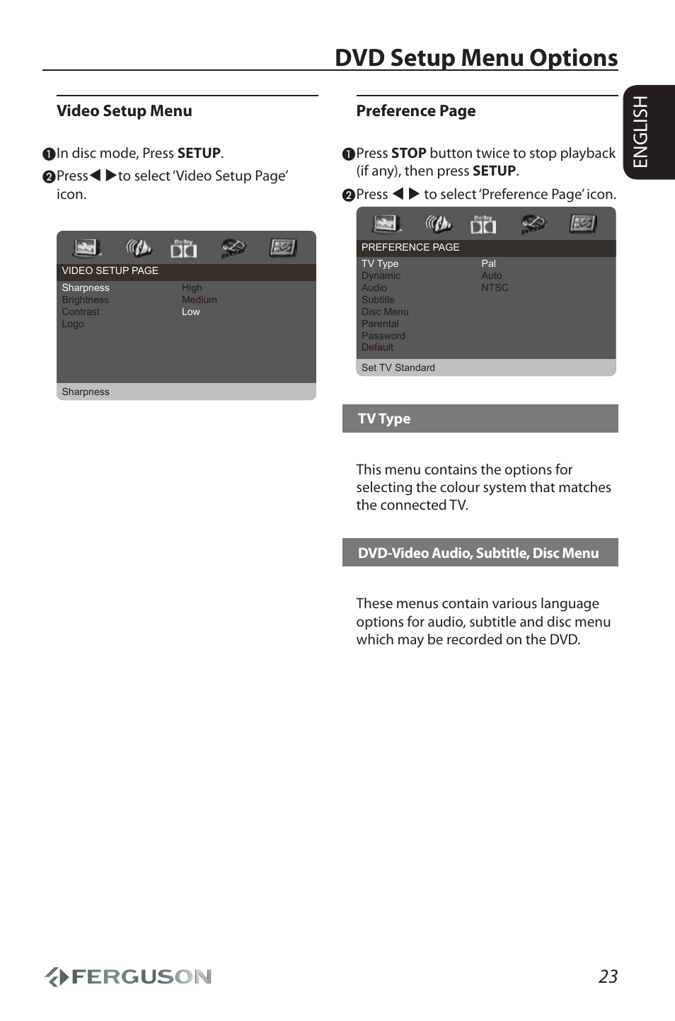 Dvd setup menu options, 23 english, Video setup menu | Preference page, Press to select ‘video setup page’ icon, Press   to select ‘preference page’ icon | Ferguson Cute9 User Manual | Page 27 / 32