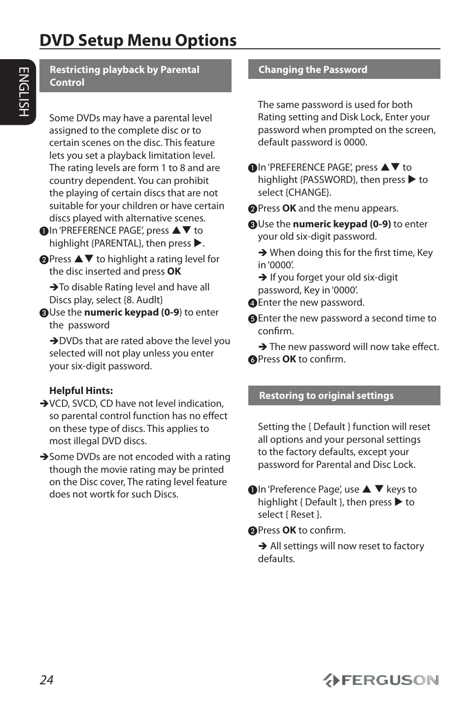 Dvd setup menu options, 24 english | Ferguson Cute9 User Manual | Page 28 / 32