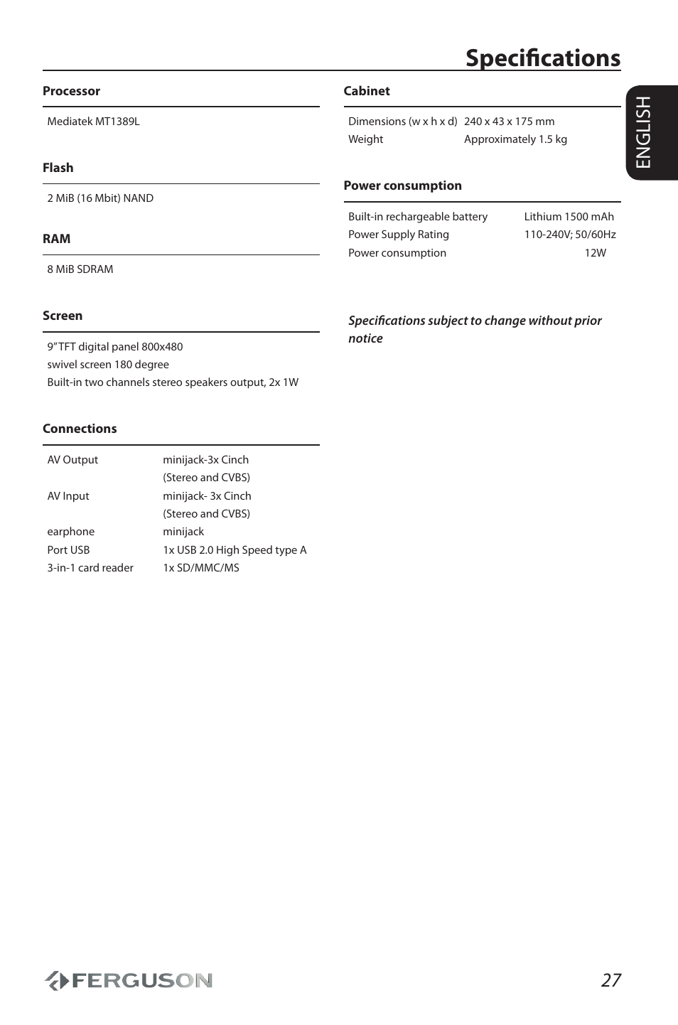 Specifications, 27 english | Ferguson Cute9 User Manual | Page 31 / 32