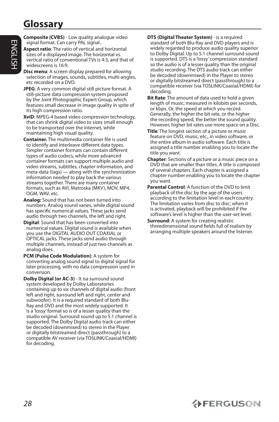 Glossary, 28 english | Ferguson Cute9 User Manual | Page 32 / 32