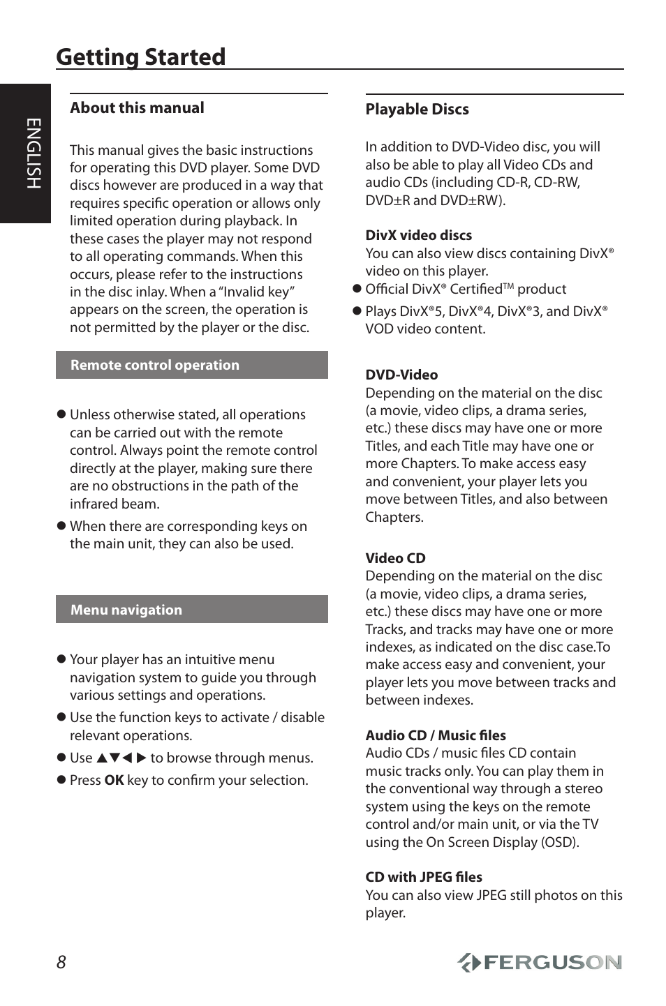 Getting started, English | Ferguson Cute User Manual | Page 10 / 22