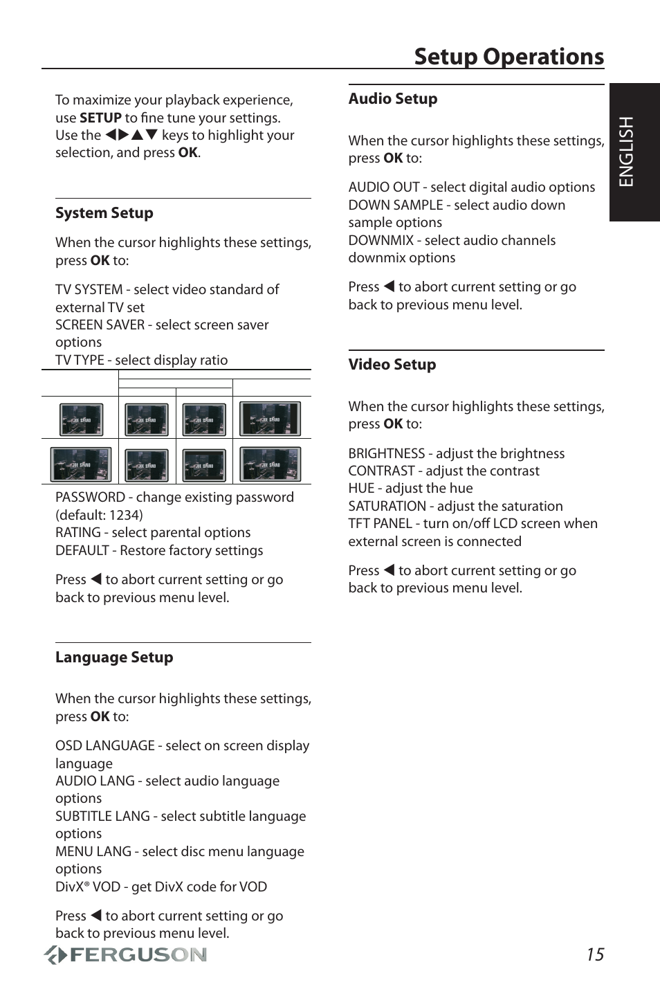 Setup operations, English | Ferguson Cute User Manual | Page 17 / 22