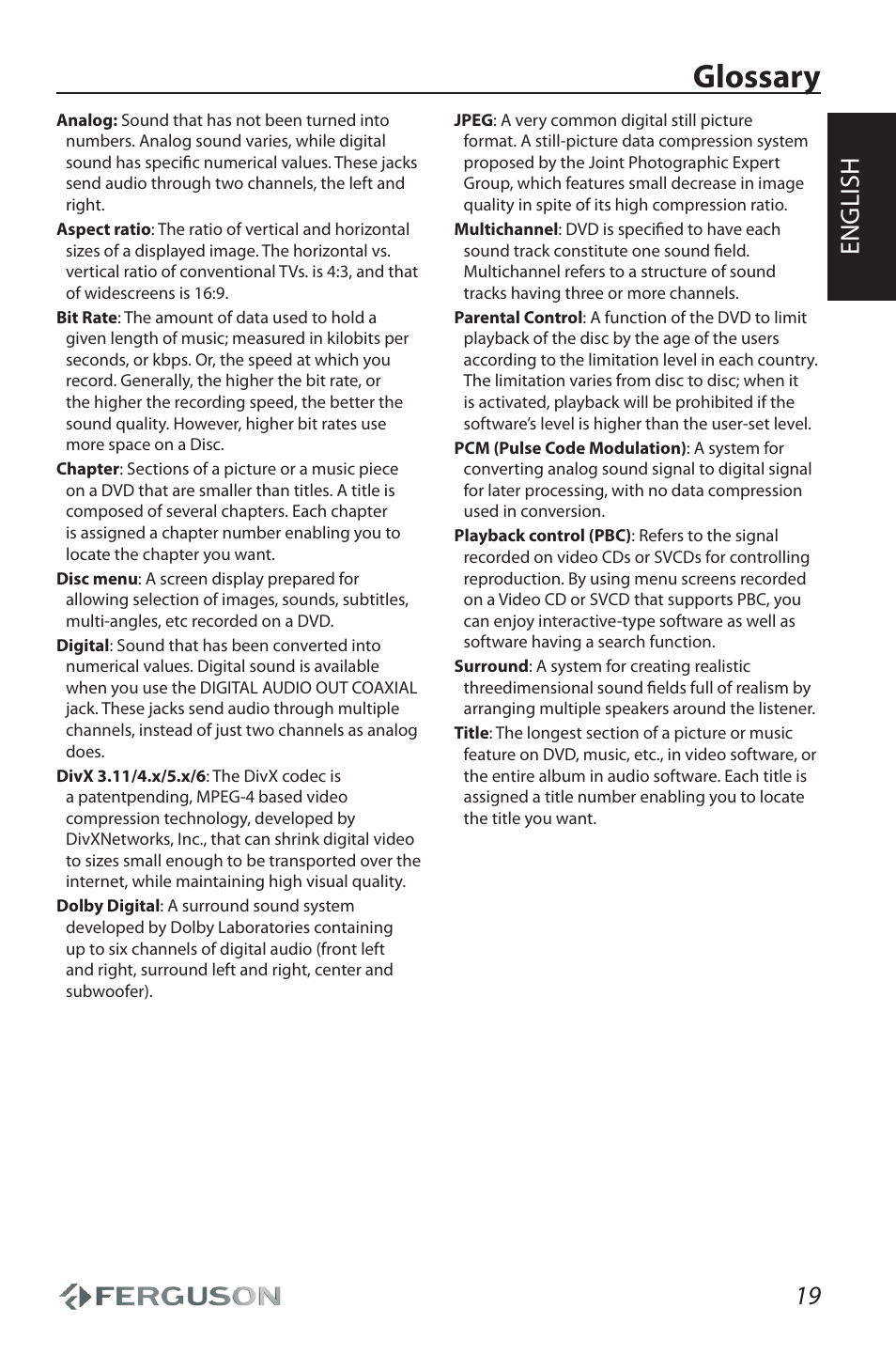 Glossary, English | Ferguson Cute User Manual | Page 21 / 22