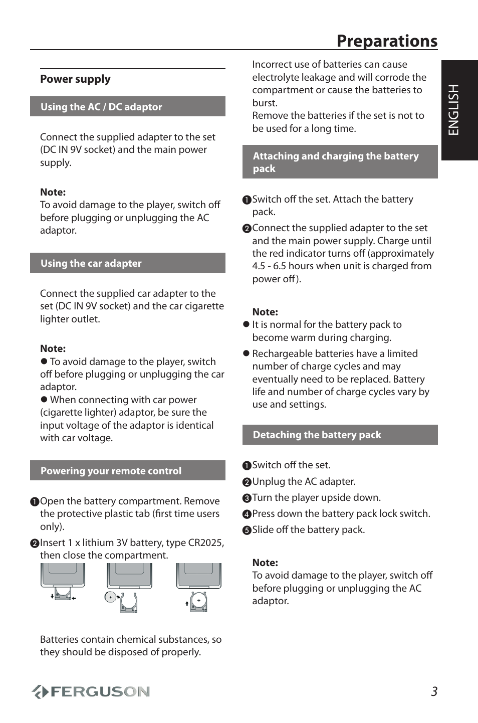 Preparations, English | Ferguson Cute User Manual | Page 5 / 22