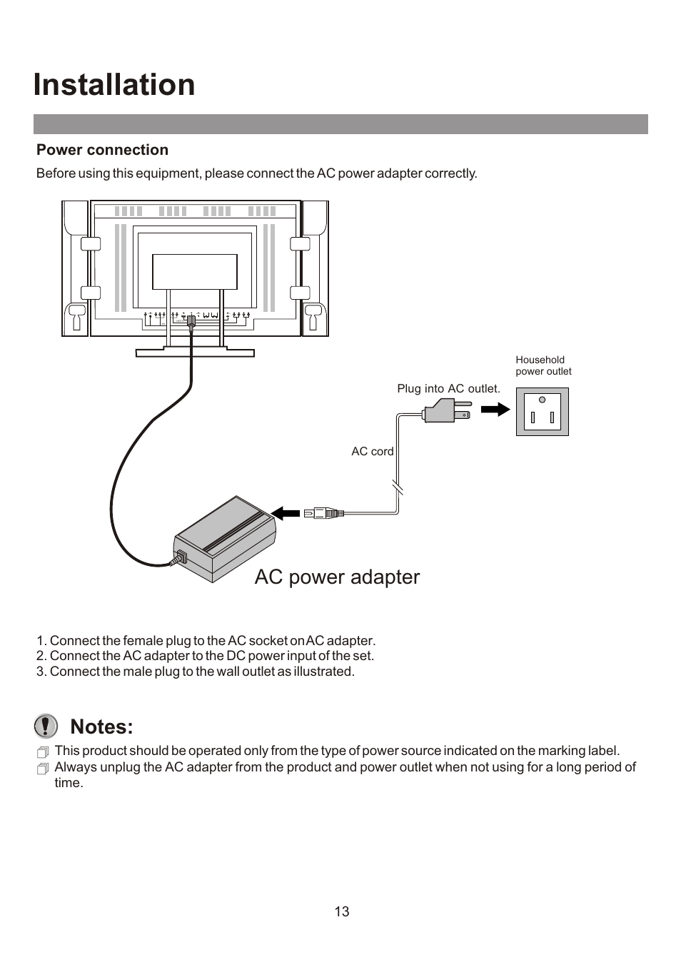 Installation, Ac power adapter, Power connection | Audiovox FPE3000 User Manual | Page 13 / 43