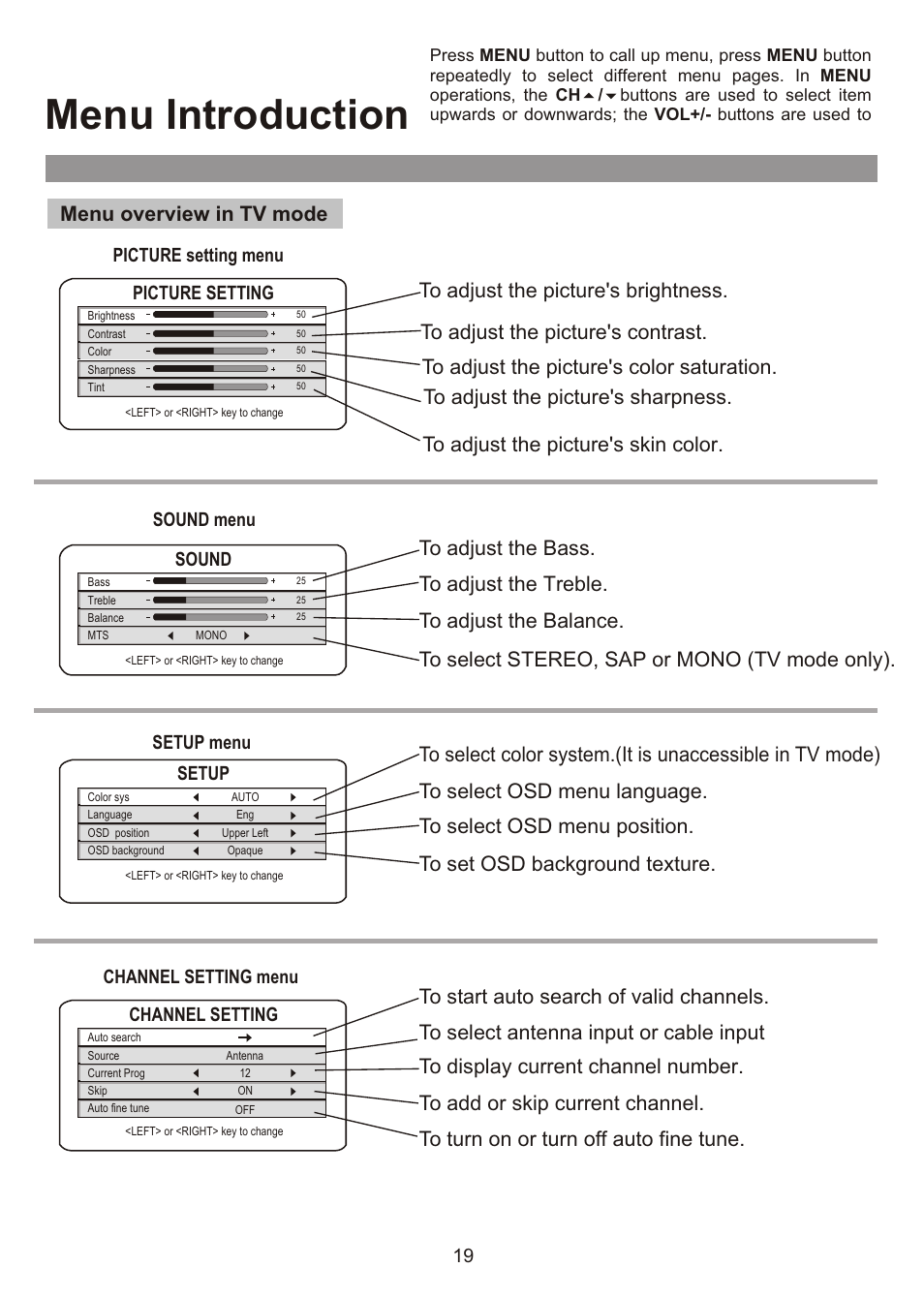 Menu introduction | Audiovox FPE3000 User Manual | Page 19 / 43