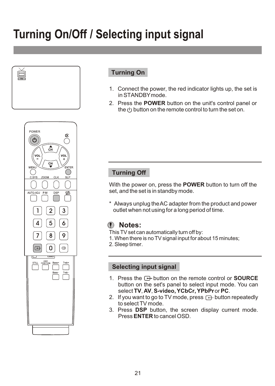Turning on/off / selecting input signal | Audiovox FPE3000 User Manual | Page 21 / 43