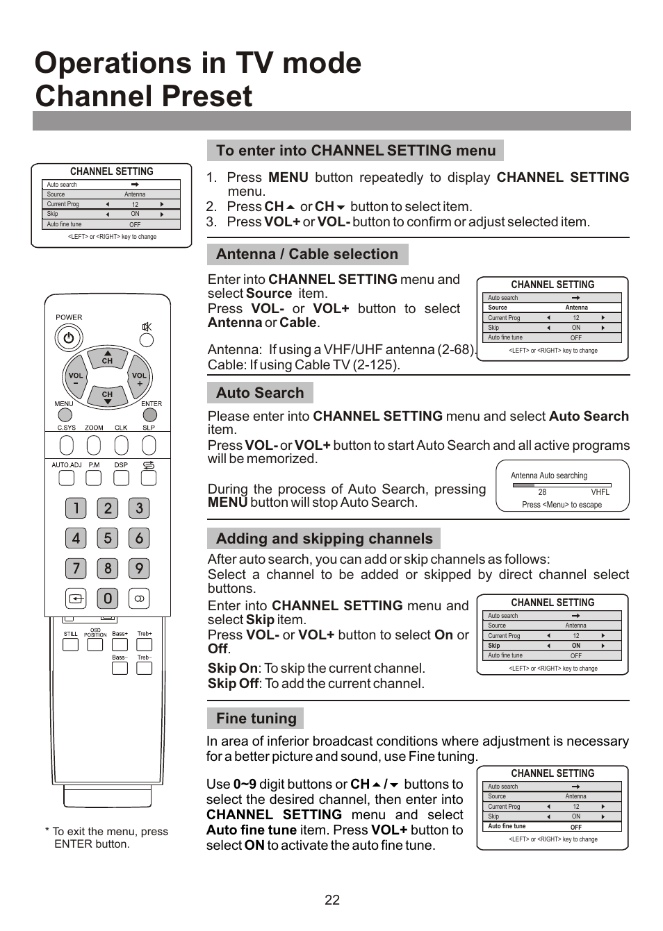 Channel preset, Operations in tv mode, Auto search | Adding and skipping channels | Audiovox FPE3000 User Manual | Page 22 / 43