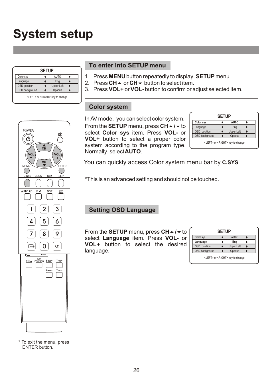 System setup, You can quickly access color system menu bar by, C.sys | Audiovox FPE3000 User Manual | Page 26 / 43