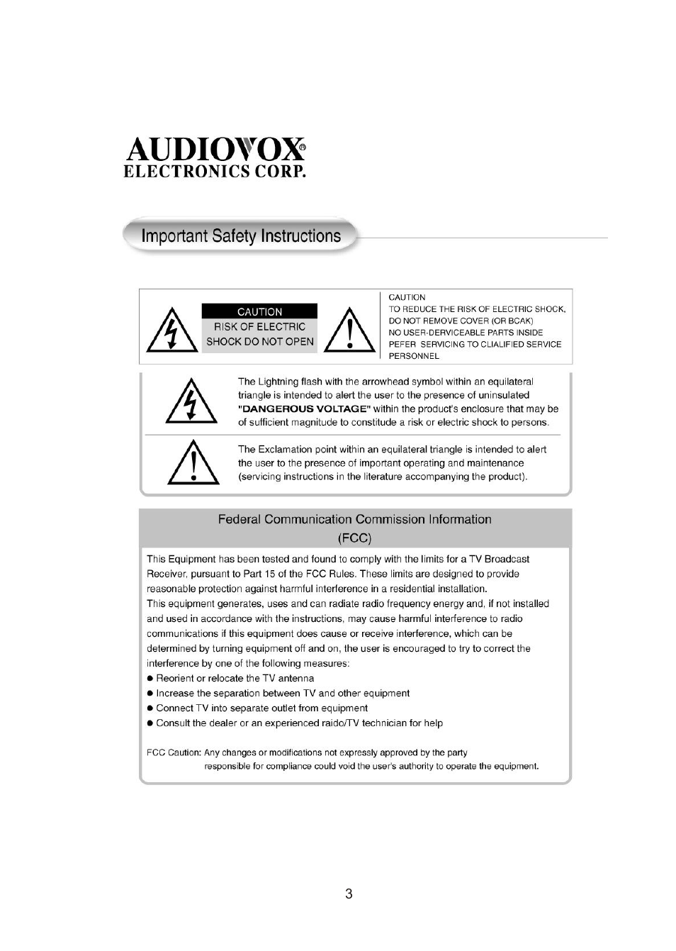 Audiovox FPE3000 User Manual | Page 3 / 43