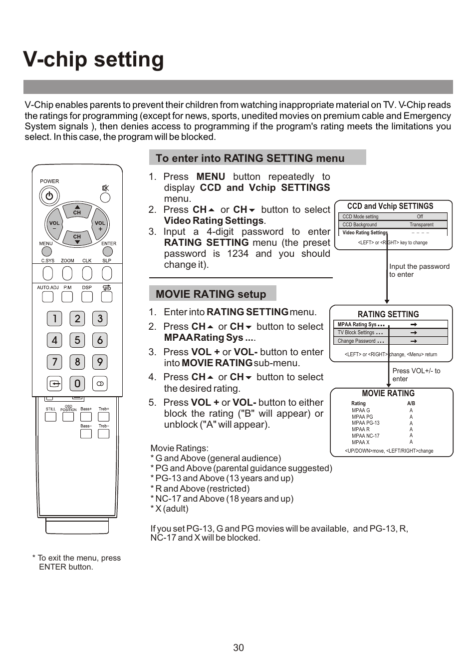 V-chip setting | Audiovox FPE3000 User Manual | Page 30 / 43