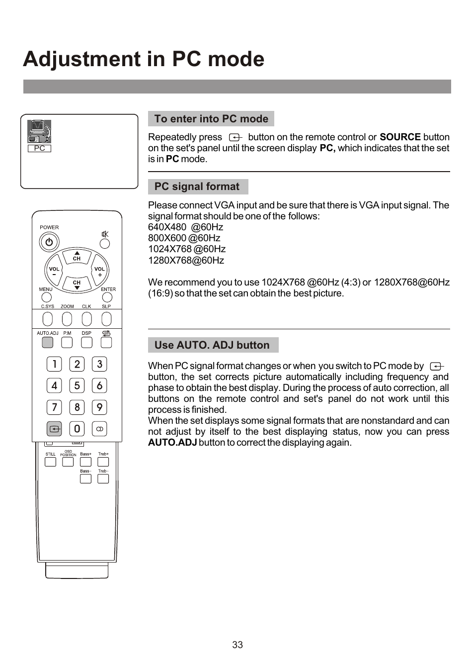 Adjustment in pc mode | Audiovox FPE3000 User Manual | Page 33 / 43