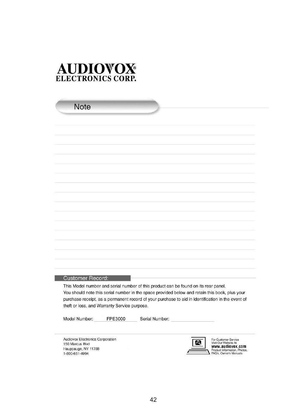 Audiovox FPE3000 User Manual | Page 42 / 43