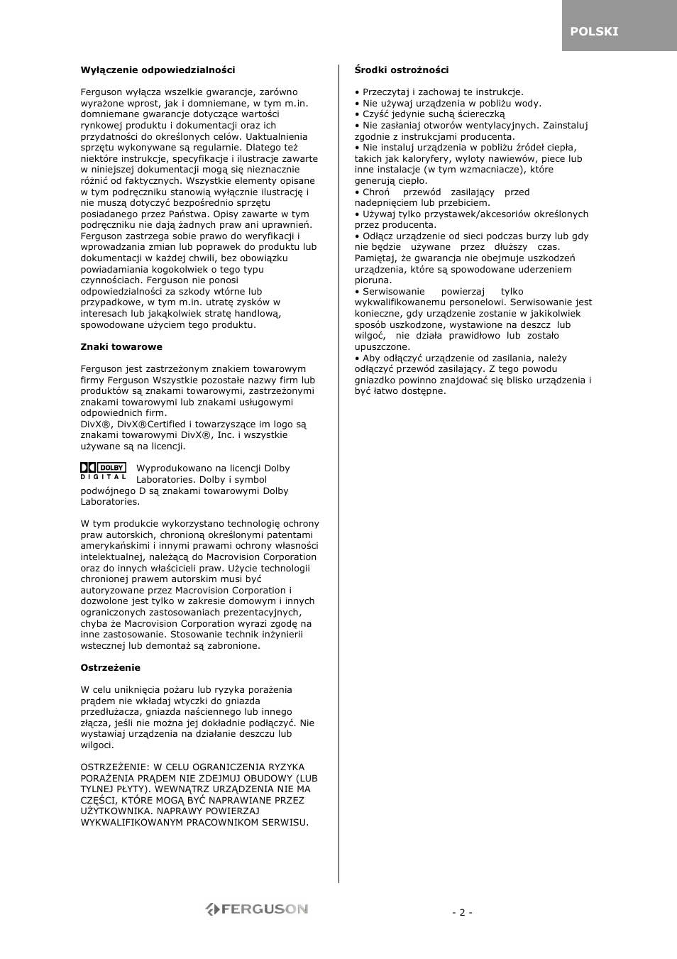 Ferguson RW-770 HD User Manual | Page 2 / 97
